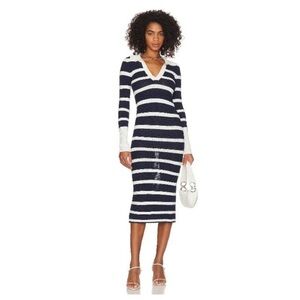 L'ACADEMIE Arlie Striped Midi Knit Dress in Navy, White Size Medium Stretch Knit
